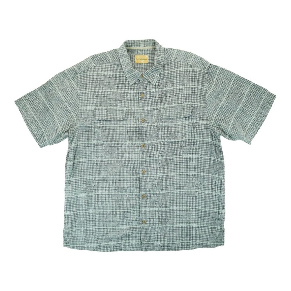 Tommy Bahama Men's L 100% Silk Grey & Black Geometric Hawaiian Aloha Camp Shirt